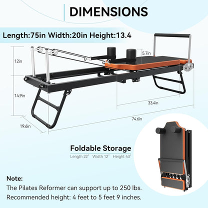 Pilates Reformer, Foldable Pilates Machine & Equipment for Home Use and Gym Workout, Suitable for Advanced and Beginners Users, up to 250 Lbs Weight Capacity