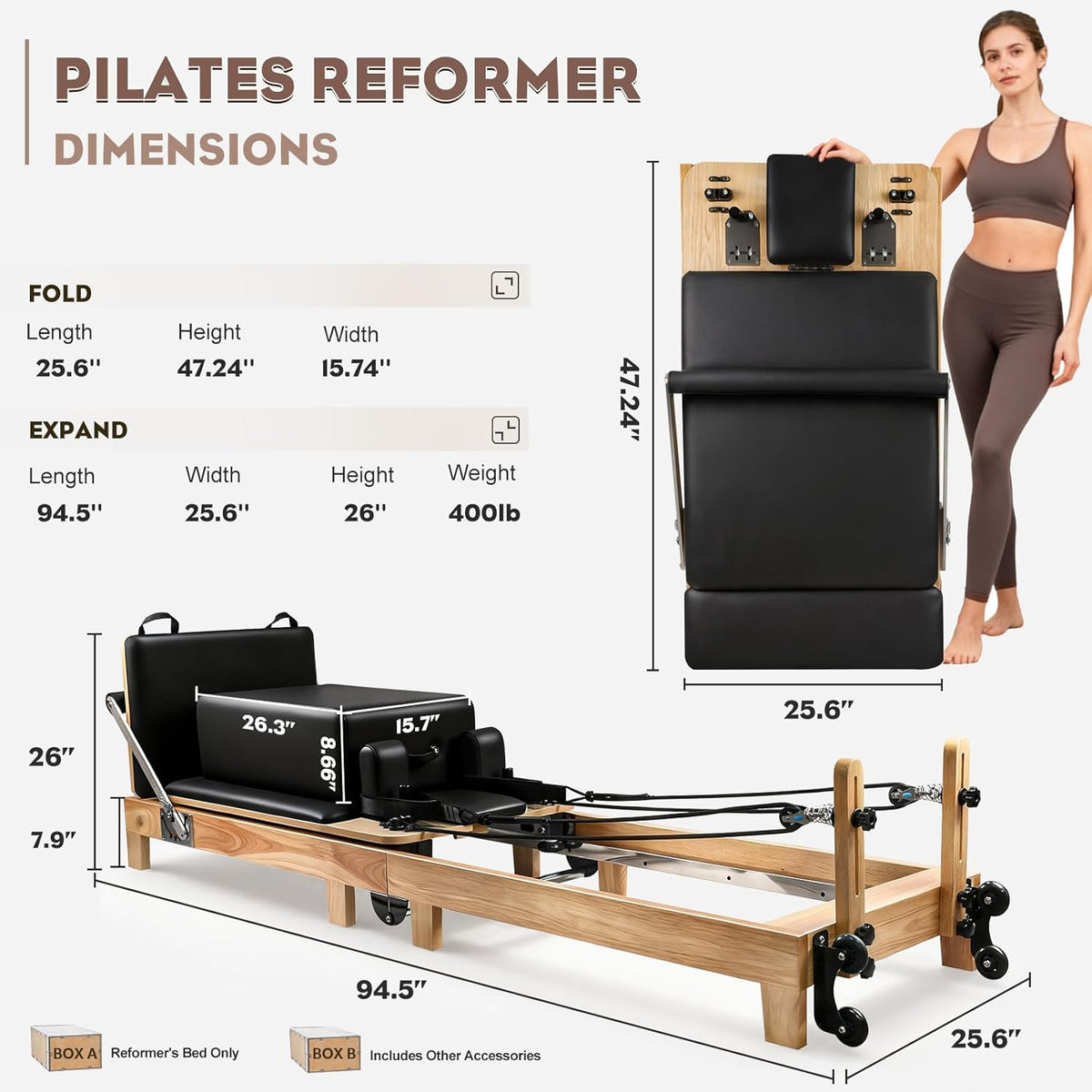 94.5" Pilates Reformer,Reformer Pilates Machine with 5 Springs, Quick-Assembly Studio Grade Pilates Reformer Machine, Pilates Equipment with Sitting Box, Jump Board for Home Use & Studio 7A5