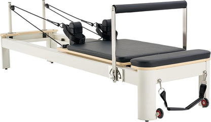 Wooden Pilates Reformer, Dual Spring & Cord Resistance, 400 Lbs, Includes Sitting Box, Smooth Gliding Carriage, Non-Slip Surface, All Levels, Full-Body Strength & Flexibility Training