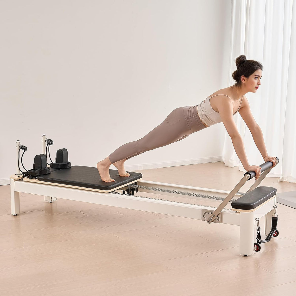 Wooden Pilates Reformer, Dual Spring & Cord Resistance, 400 Lbs, Includes Sitting Box, Smooth Gliding Carriage, Non-Slip Surface, All Levels, Full-Body Strength & Flexibility Training