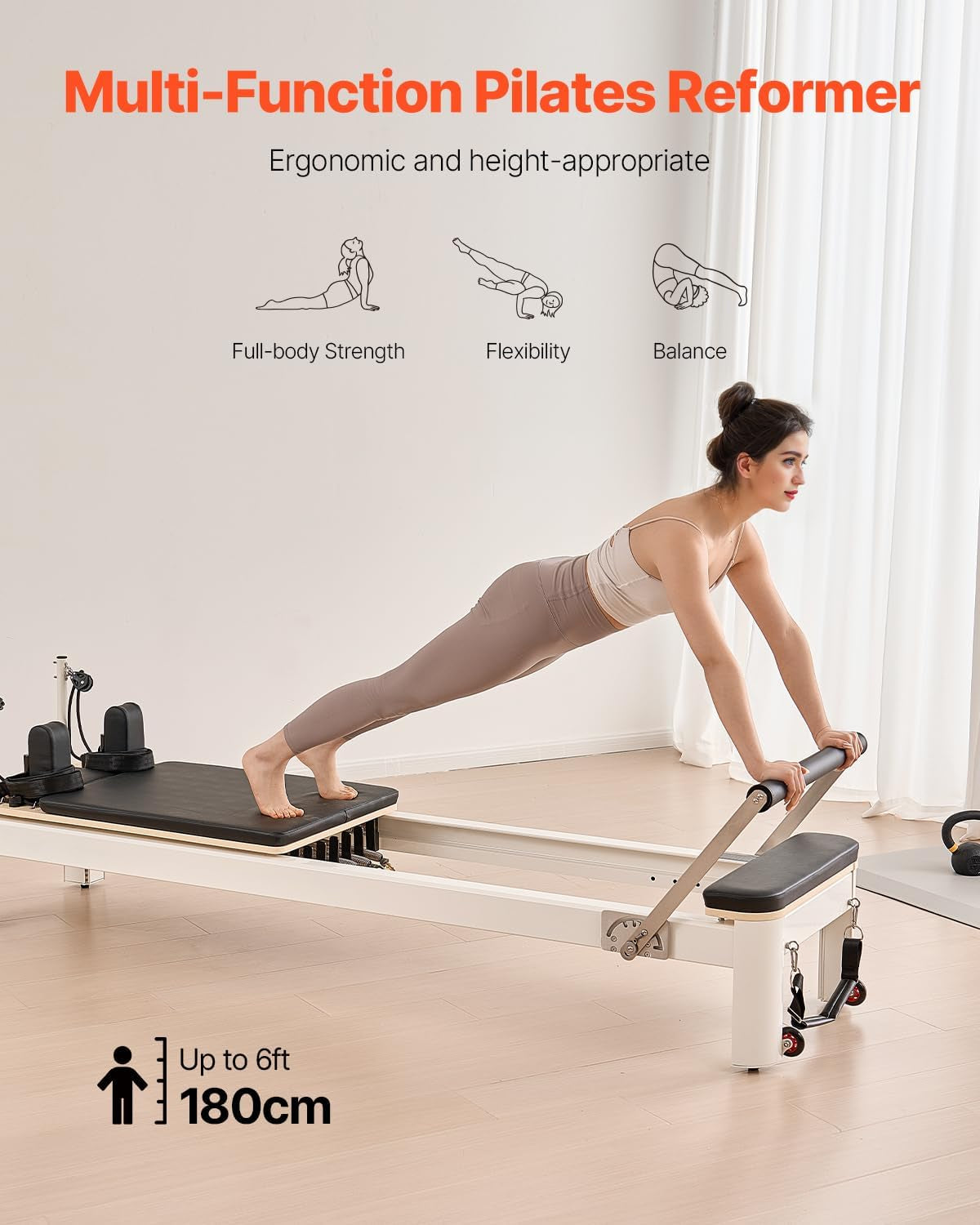 Wooden Pilates Reformer, Dual Spring & Cord Resistance, 400 Lbs, Includes Sitting Box, Smooth Gliding Carriage, Non-Slip Surface, All Levels, Full-Body Strength & Flexibility Training