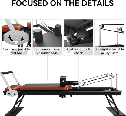 Pilates Reformer, Foldable Pilates Machine & Equipment for Home Use and Gym Workout, Suitable for Advanced and Beginners Users, up to 250 Lbs Weight Capacity
