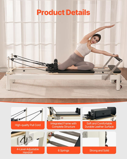 Wooden Pilates Reformer, Dual Spring & Cord Resistance, 400 Lbs, Includes Sitting Box, Smooth Gliding Carriage, Non-Slip Surface, All Levels, Full-Body Strength & Flexibility Training