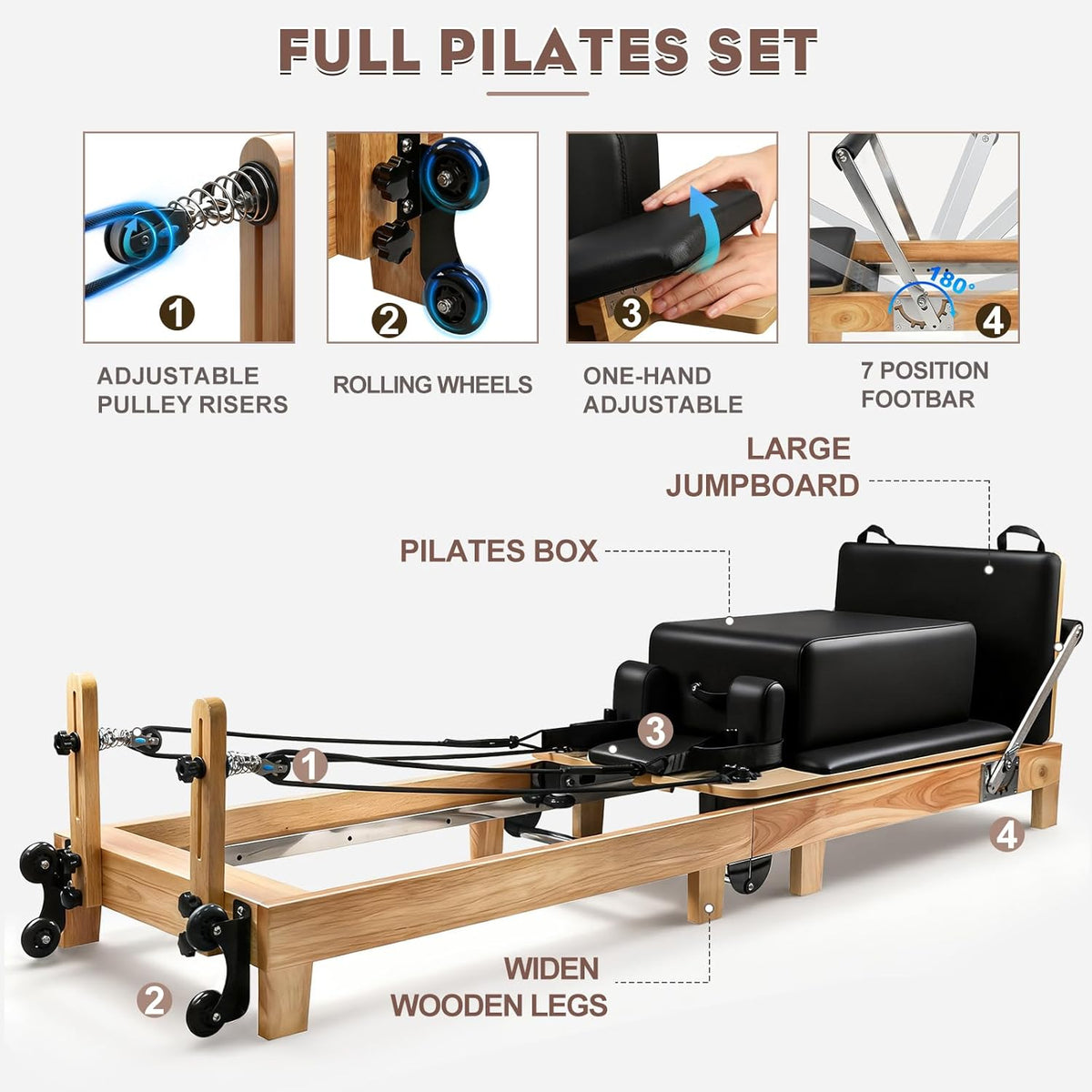 94.5" Pilates Reformer,Reformer Pilates Machine with 5 Springs, Quick-Assembly Studio Grade Pilates Reformer Machine, Pilates Equipment with Sitting Box, Jump Board for Home Use & Studio 7A5
