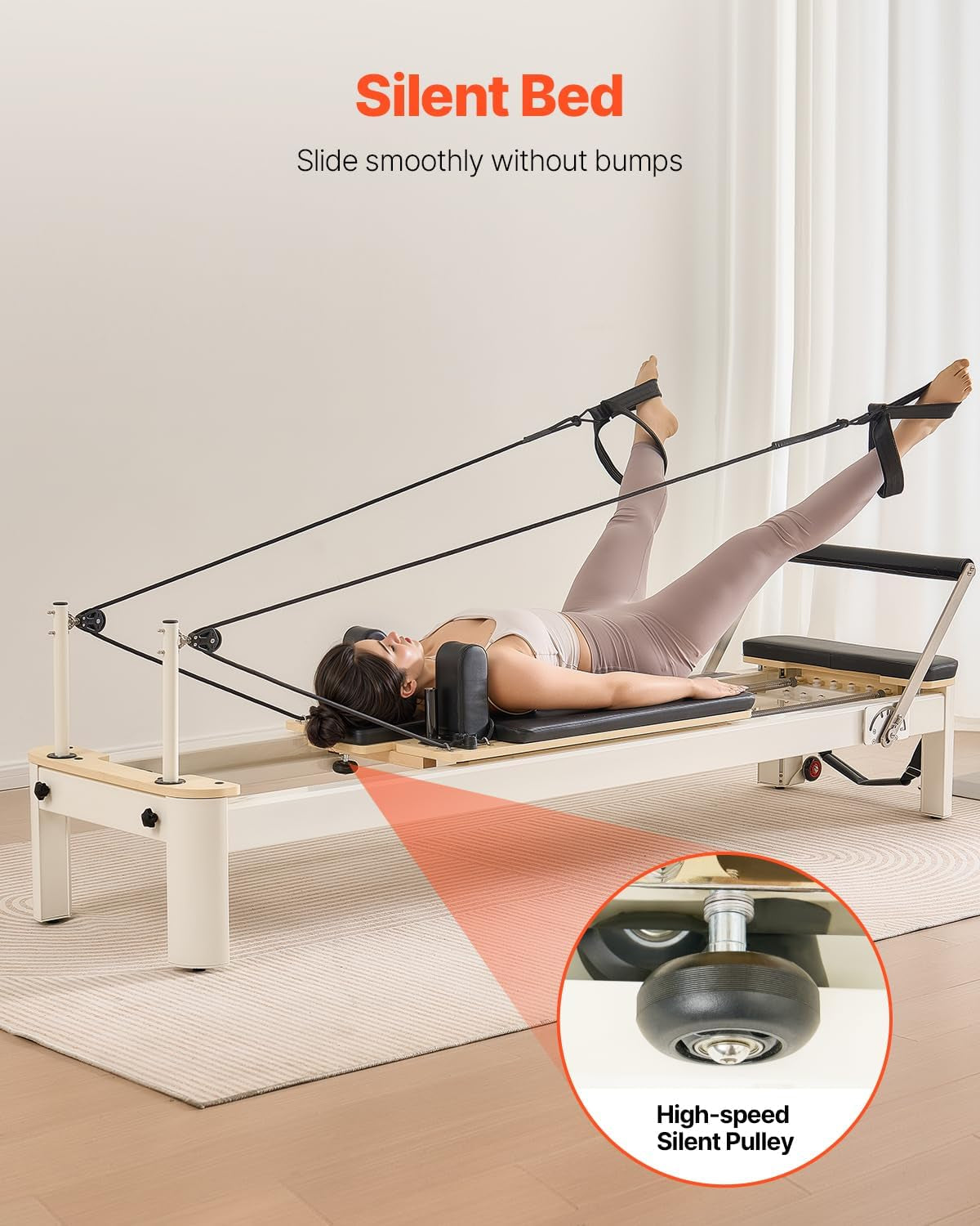 Wooden Pilates Reformer, Dual Spring & Cord Resistance, 400 Lbs, Includes Sitting Box, Smooth Gliding Carriage, Non-Slip Surface, All Levels, Full-Body Strength & Flexibility Training