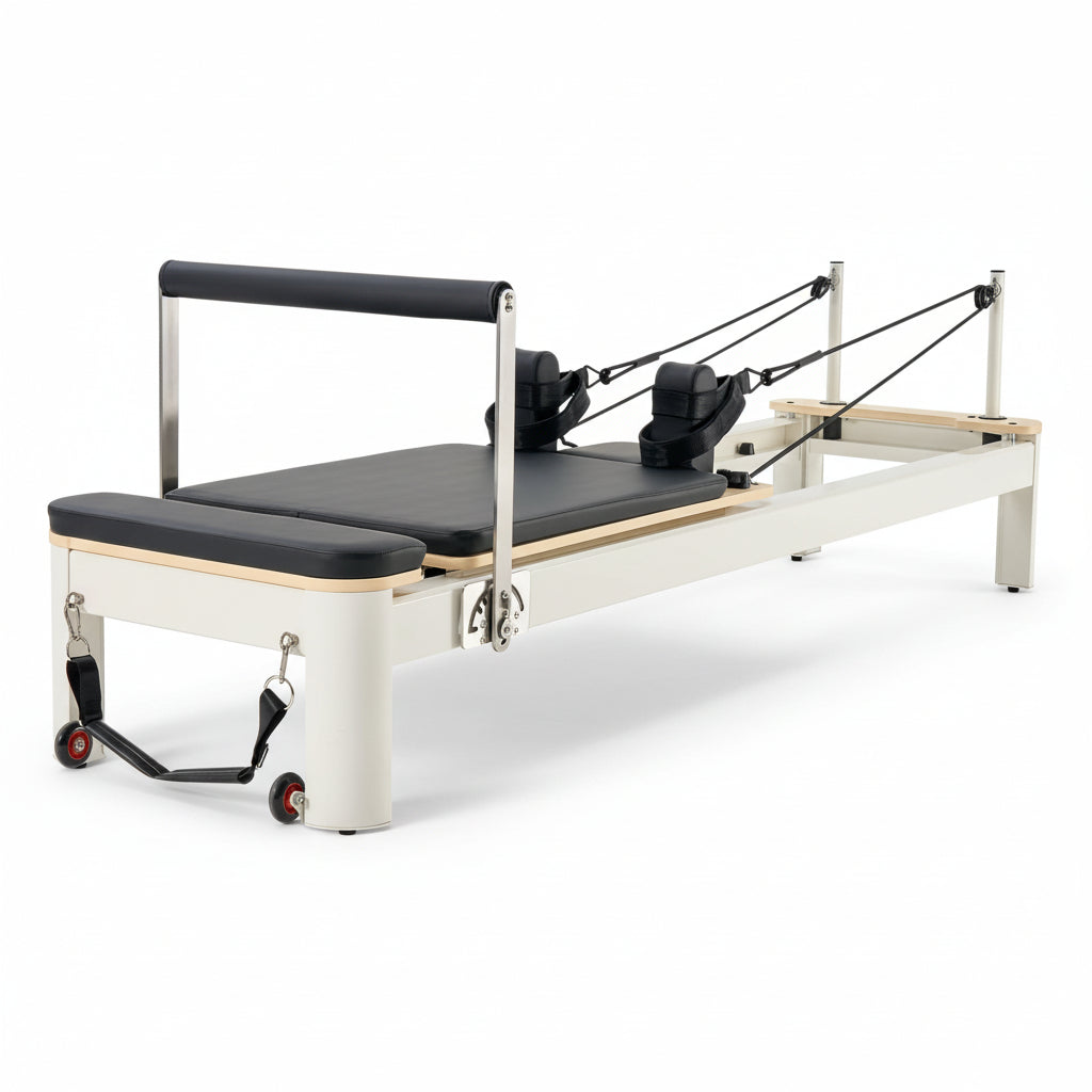 Wooden Pilates Reformer, Dual Spring & Cord Resistance, 400 Lbs, Includes Sitting Box, Smooth Gliding Carriage, Non-Slip Surface, All Levels, Full-Body Strength & Flexibility Training