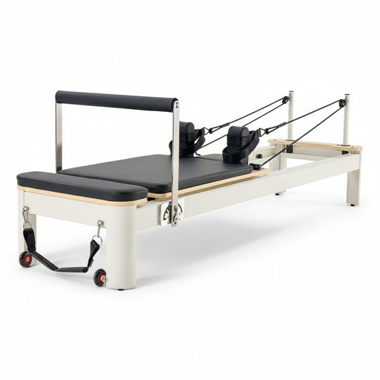 Wooden Pilates Reformer, Dual Spring & Cord Resistance, 400 Lbs, Includes Sitting Box, Smooth Gliding Carriage, Non-Slip Surface, All Levels, Full-Body Strength & Flexibility Training